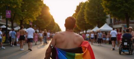 Disabled gay individual in wheelchair celebrating Pride Month at a colorful summer festival surrounded by autumn leaves and golden sunlight while waving the Rainbow Flag photo