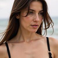 Woman with flowing hair has partially exposed chest while looking away photo