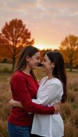 Mixed lesbian couple embracing tenderly during an autumn sunset romance in nature Stock Image photo