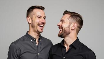An enthusiastic gay couple sharing a joyful moment against a gray background photo