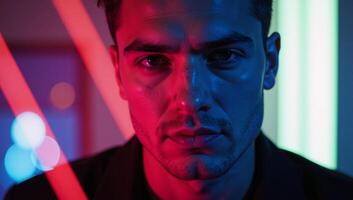 Closeup portrait of a modern pop art gay man with neon nightlight glow and fluorescent colors in a bold graphic style for an LGBT party or nightclub setting photo