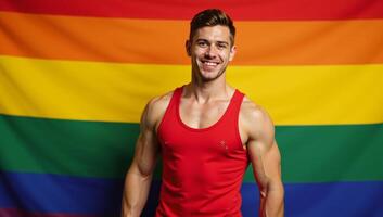 Strong musclebound gay fitness enthusiast poses happily against rainbow backdrop photo