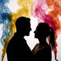 Silhouette of diverse gay couple symbolizing love identity amidst vibrant rainbowhued smoke photo