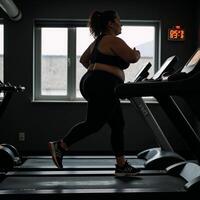 Obese woman jogging on a treadmill silhouette photo