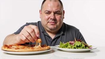 Obese man deliberating between salad pizza split screen In one short sentence I have condensed the prompt to emphasize that the scene involves an obese man contemplating a choice between healthy food photo