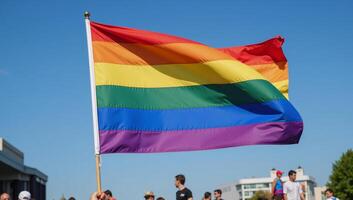 Celebratory scene showcasing a new Pride Flag design soaring against a blue sky symbolizing LGBTQ community unity and pride photo