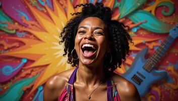 Digital painting of an AfricanAmerican woman powerfully and inspiringly singing against a vibrant abstract backdrop of music photo