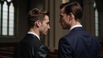 Gay men exiting a church photo