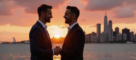 Two happy men embrace in a sunset seaside cityscape depicted only as joyful silhouettes with clasped hands photo