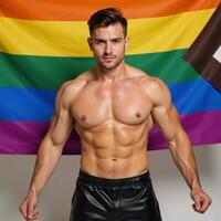 Logo features a muscular gay man in leather shorts against an LGBTQ flag backdrop photo