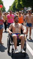 A man in a wheelchair joins the Gay Pride Parade donning a rainbow shirt amidst summer festivities and colorful decorations celebrating inclusion during Pride Month photo