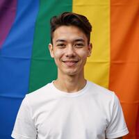 Young gay man showcases pride and identity in blank Tshirt before vibrant gay rainbow flag photo