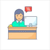 A woman is sitting at a desk with a computer vector