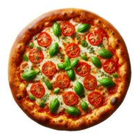 A pizza with tomatoes and basil on it png
