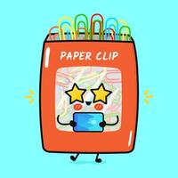 Paper clip with smartphone character. hand drawn cartoon kawaii character illustration icon. Isolated on blue background. Paper clip character concept vector