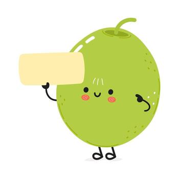 linda verde aceituna personaje participación un blanco signo. mano dibujado dibujos animados kawaii personaje ilustración. aislado blanco antecedentes. aceituna póster vector