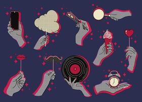 Halftone collage human hands set. Different gestures collection. Various hands holding objects grunge punk dotted stickers. vector