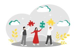 The concept of problem solving and teamwork. People with puzzles. vector