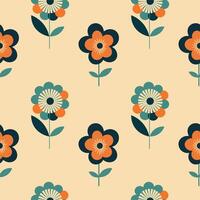 Seamless pattern with flowers in the style of the 60s. Repeating vintage background with plants in a minimalist style for design, textile, postcard, card, print, paper, wallpaper, banner vector