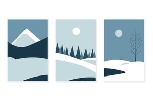 Cards with abstract Winter Landscape in minimalist style. Background with snowy hills, trees, nature. Wintered festive border for banner, poster, print, paper, congratulation with New Year vector