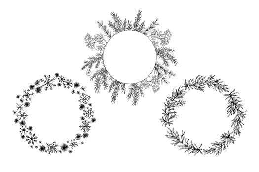 Frames with coniferous branches, snowflakes, rowan. Hand drawn ink festive winter borders with plants for text. Design elements for congratulating of holidays, invitation, New Year, Christmas vector