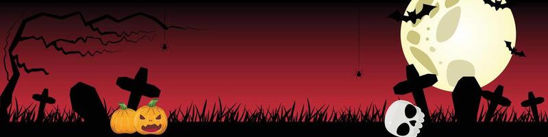 Halloween night banner with graveyard, moon, bats, skull and pumpkin on red. Eerie and atmospheric design vector