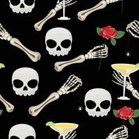 Skull themed seamless pattern with skeleton hands, rose, margarita and spider web on a dark black backdrop vector