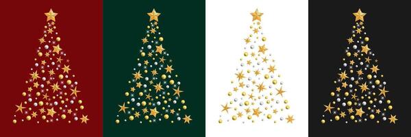 Happy New Year and Merry Christmas. Christmas tree with gold stars and beads on the different background. vector