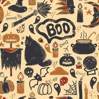 seamless pattern with halloween icons and symbols vector