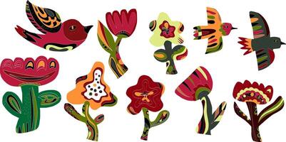 a set of colorful flowers and birds vector