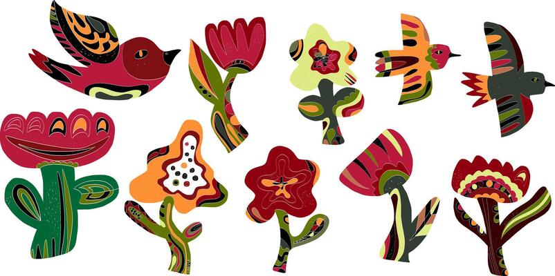 a set of colorful flowers and birds