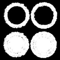 Collection of grunge-style circular frames. White frames with rough, textured edges. Distressed vintage-themed and aged appearance. Bold and edgy aesthetic. Textured frames for digital art. vector