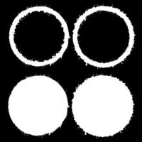 Grunge-style circular frames. White frames with rough, textured edges. Distressed and aged appearance. Bold and edgy aesthetic. Set of four frames. Perfect for graphic design projects, t-shirt design. vector