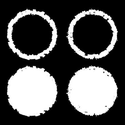 Set of four grunge-style circular frames. Rough, textured white edges. Distressed and aged appearance. Circular shape with edgy design. White frames against a black background. Decorative elements.