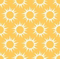 Seamless pattern with bright yellow suns. Simple cartoonish sun design. Orange and light yellow. Cheerful, sunny, and optimistic feel. For fabric textiles, wrapping paper, wallpaper. Bold and playful. vector