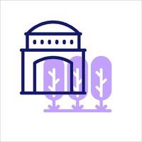 A purple icon of a building with trees and bushes vector
