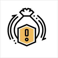 A black and yellow icon of a bag with an exclamation mark vector