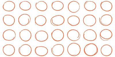 Handwritten red round circles set. Pen or marker doodle scribble, pencil borders, grunge ovals, line frame i trendy doodle style. Isolated illustration. vector