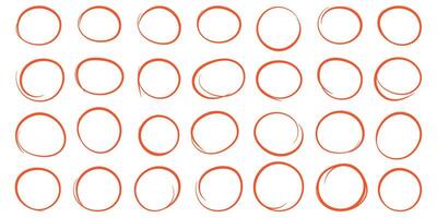 Red round circles set. Pen or marker doodle scribble, grunge ovals, pencil borders, line frame i trendy doodle style. Handwritten isolated illustration. vector