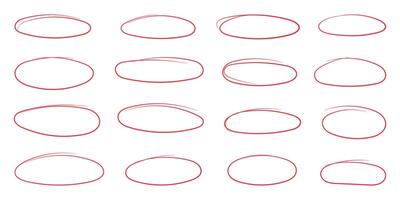Red round circles set. Pen or marker doodle scribble, pencil borders, grunge ovals, line frame i trendy doodle style. Isolated illustration. vector