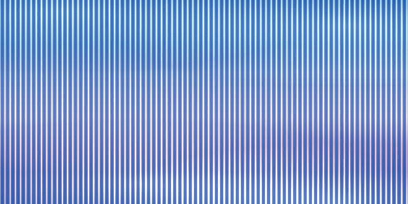 Trendy banner of ribbed glass effect. Iridescent plastic texture with striped overlay. Gradient blue background with holographic texture. illustration