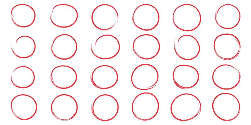 Handwritten Red round circles set. Pen or marker doodle scribble, pencil borders, grunge ovals, line frame i trendy hand drawn style. Isolated illustration