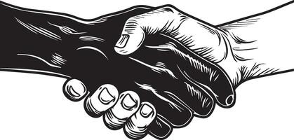 Black Silhouette and Outline Handshake Icon for Business and Finance Agreements, Linocut Style vector