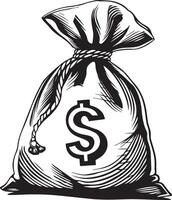 Black Outline Linocut Money Bag Icon for Finance and Business vector