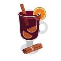 Mulled wine. Hot spicy drink with oranges, cinnamon and badian. illustration in flat style. White isolated background. vector