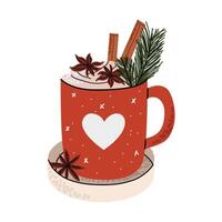 Winter coffee drink in cute red cup with heart. Coffee with cinnamon decorated with spruce branch. illustration in flat style. White isolated background. vector