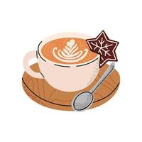 Cappuccino, Americano in a cup with Christmas gingerbread. Hot coffee with foam on wooden stand. illustration in flat style. White isolated background. vector