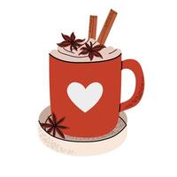 Coffee drink in cute red cup with heart. illustration in flat style. White isolated background. vector