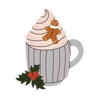 Coffee with high crema, Christmas gingerbread in a cup. Latte, cappuccino. illustration in flat style. White isolated background. vector