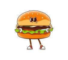 Groovy fast food burger character standing akimbo vector